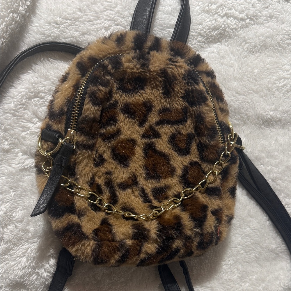 Leopard Faux-Fur Mini Backpack with Chain Detail